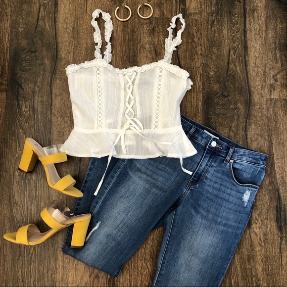 White Lace Up Detail Frill Trim Peplum Crop Top - Picture 6 of 8